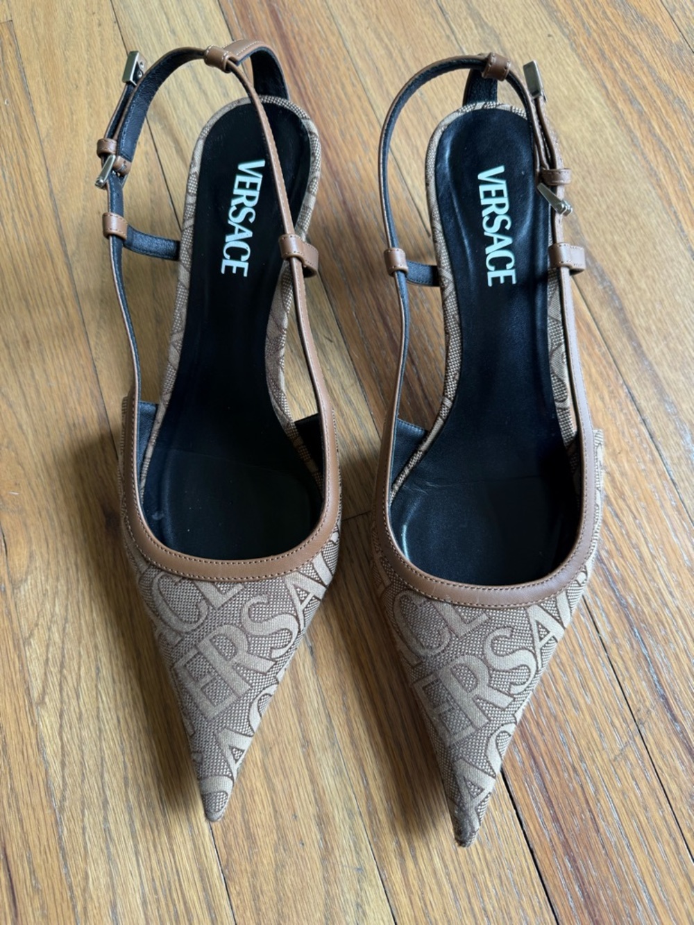 Versace Brown Logo-Jacquard Pointed Slingback Heels